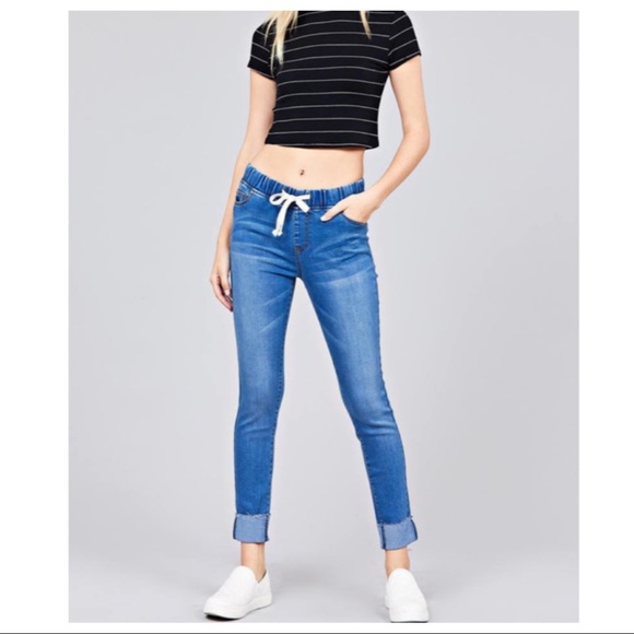 Denim - Drawstring rolled hem skinny jeans